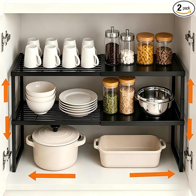 Cabinet Shelves, 2 Pack Stackable Shelves for Pantry Storage | Expandable & Height Adjustable Cabinet Organizer Shelf | Metal Shelf Organizer | Black Spice Rack for Pantry Storage by HOFUSUSER