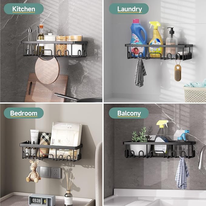 Veken Shower Caddy 6-Pack with Hooks, Bathroom Organizers & Storage, Black | Advanced Rustproof Design, Large Capacity, No Drilling, Adhesive Shelves Rack, Wall-Mounted Kitchen & Home Decor - Image 9
