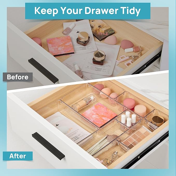 Vtopmart 10 Pack Clear Drawer Organizer Bins, 4 Sizes Makeup Storage Trays | Makeup & Vanity Storage Organizers for Drawers, Bathroom, Office and Daily Essentials, Clear Acrylic Bins Keep Items Sorted - Image 5