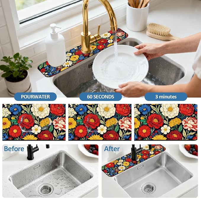 2 Pcs Kitchen Sink Splash Guard Faucet Mat Vintage Colored Flowers Pattern Faucet Mat for Sinks Absorbing Drying Mat for Kitchen Bathroom, 23.6x5.5inch - Image 5