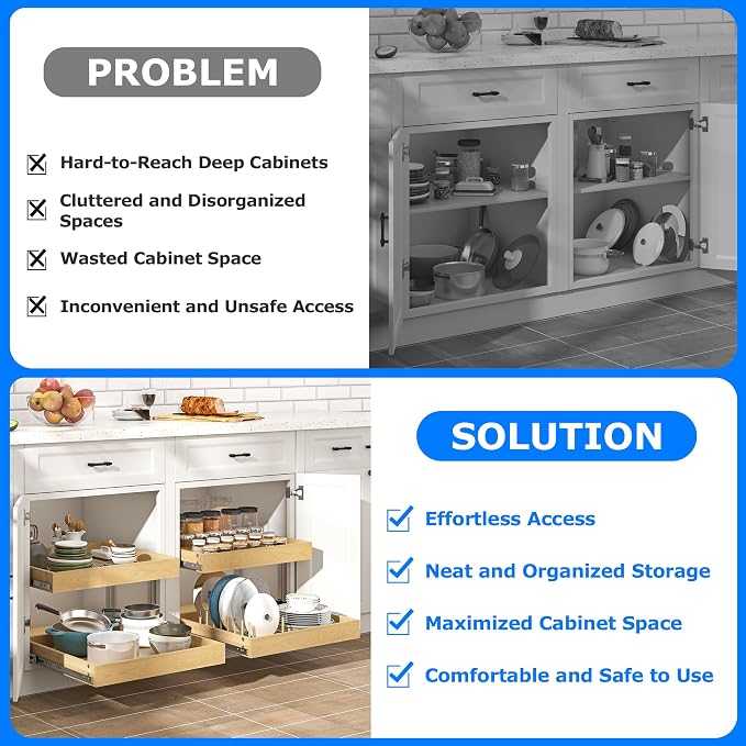 WelFurGeer 2-Tier Pull Out Cabinet Organizer with Soft Close Slides, Heavy-Duty Pull Out Drawers for Cabinets, Slide Out Shelf for Kitchen, Bathroom, Pantry & Under Sink, Solid Birch Wood - Image 3