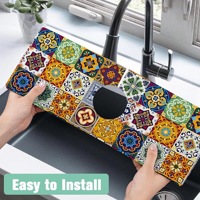 Kitchen Sink Splash Guard Faucet Mat 15" X 5.5" Talavera Mexican Tiles Absorbent Fast Drying Mat Faucet Draining Mat Sink Splash Guard Behind Faucet Drip Catcher for Kitchen Bathroom - Image 4