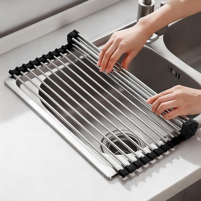 NEZUIBAN Dish Drying Rack with Roll Up and Over Sink for Kitchen,17.5"x15.7",Black by NEZUIBAN