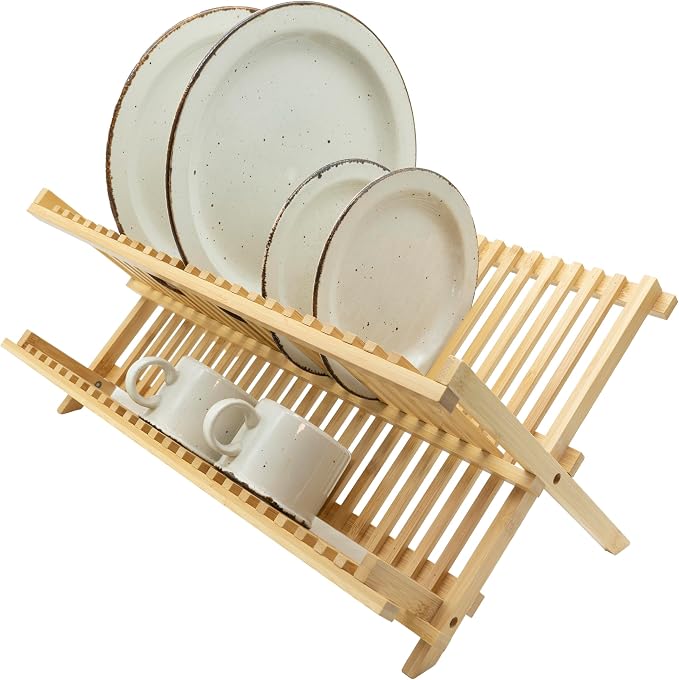 Oggi 2 Tier XL Folding Bamboo Dish Drying Rack, Large Foldable Dish Rack for Kitchen Counter, Bamboo Plate Drying Rack, Collapsible Dish Drainer with 16 Plate Slots - Image 3