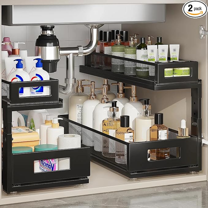 2 Pack 18.5IN-Depth Under Sink Organizer With Next-Gen Ball-Bearing Slides,2-Tier Pull Out Cabinet Storage,Height Adjustable Drawer Shelf for Bathroom,Kitchen,Laundry,Cabinet,Pantry-Black by Corbyles