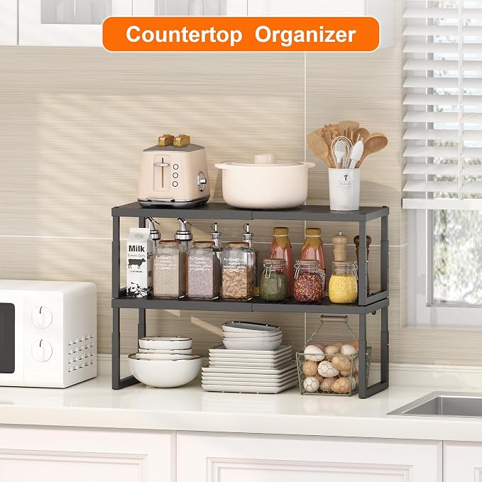 RUILALIFE Expandable-Stackable-Shelf-Organizer-For-Cabinet Pantry Closet,Kitchen Counter Shelf With Adjustable Height, Metal Storage Shelf Riser Spice Rack For Cupboard Countertop - Image 2