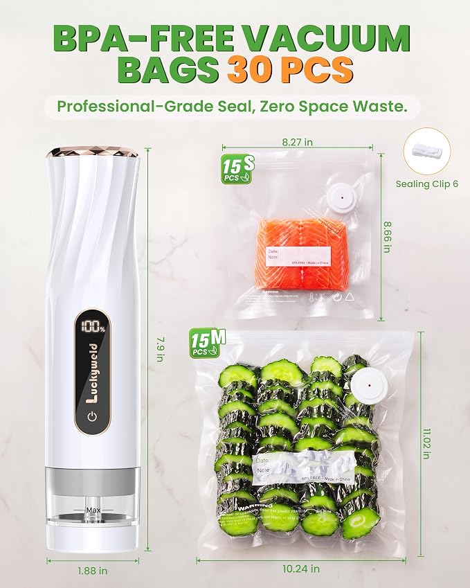 Compact Vacuum Sealer for Food: Powerful Handheld Vacuum Sealer Machine & 30 Reusable Vacuum Bags, With LED Display & Detachable Water Tank, Portable Food Sealer, Seal Meal Saver - Image 7