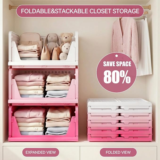 Pink Girl Closet Organizers and Storage Stackable Plastic Drawer Basket for Clothing Stackable Storage Bins Shelf Storage Container for RV Closet Wardrobe Bedroom Bathroom Playroom 8 Pack - Image 4