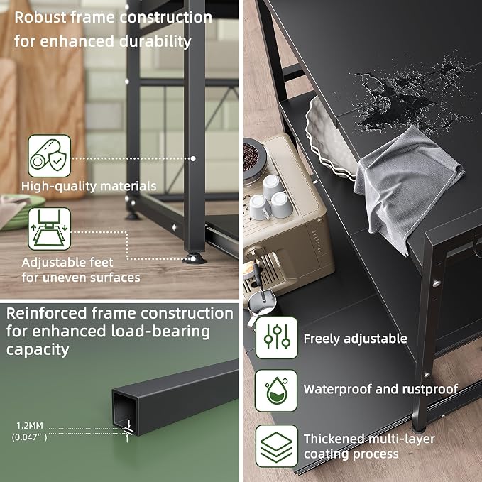 2 Tier Expandable Microwave Stand countertop,Microwave Oven Rack | Pull-Out Microwave Shelf, storage shelf for pans &appliances,Adjustable partition height，8 Hooks,55lbs max load,Black - Image 5