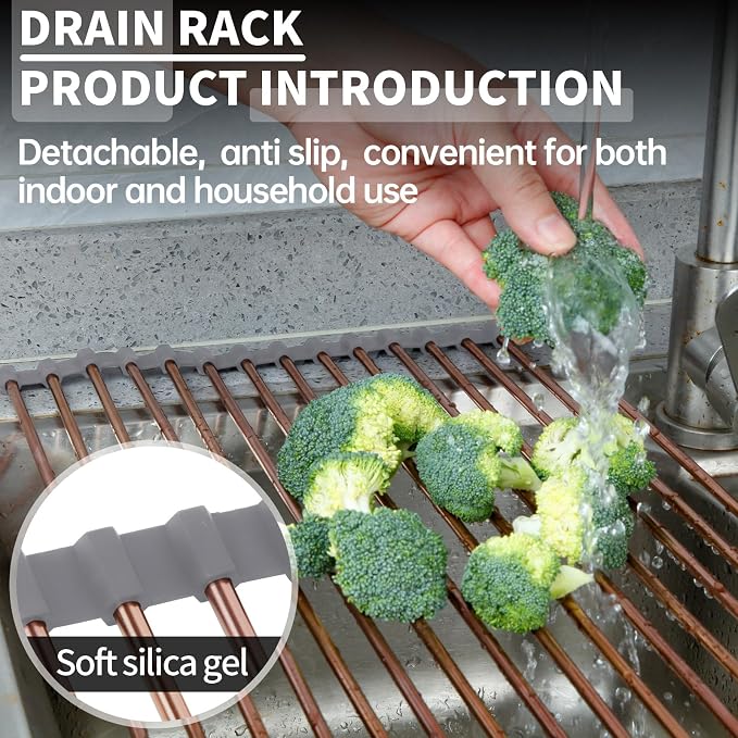 11.8" x 17" Expandable Roll Up Over The Rack Sink Cover Kitchen Dish Drying Rack,SUS304 Stainless Steel Multipurpose Collapsible Organizer Dish Drying Rack for Kitchen Sink Cover,Rose Gold - Image 5
