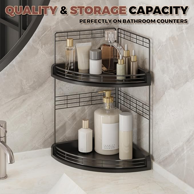 Bathroom Countertop Corner Organizer for Small Spaces, 2-Tier Counter Shelf | Oak Wood & Iron, Fan-Shaped Counter Shelf for Sink & Vanity Corners, Skincare, Toiletries, Compact Vertical Storage, Black - Image 3