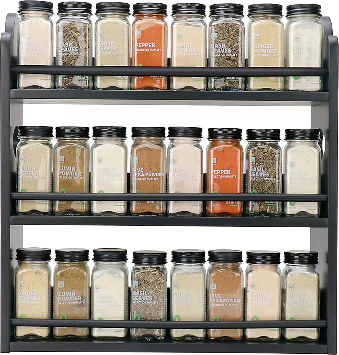 3-Tier Bamboo Spice Rack, Wall Mount & Countertop Spice Organizer | Seasoning Jars Rack Shelf Spice Organizer for Kitchen, Spice Storage Holder with handles, Front and Rear Protective Design by Thalomely