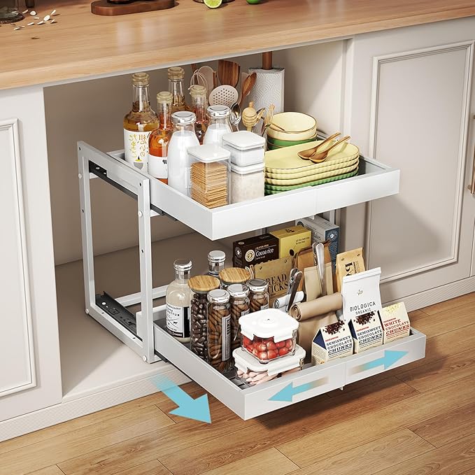 2-Tier Expandable Pull Out Cabinet Organizer, Cabinet Drawers, 16"D | Cabinet Pull Out shelves, Adjustable Pantry Drawers, Slide Out Drawers for Kitchen Cabinets, Under Sink Organizer, White by Golener