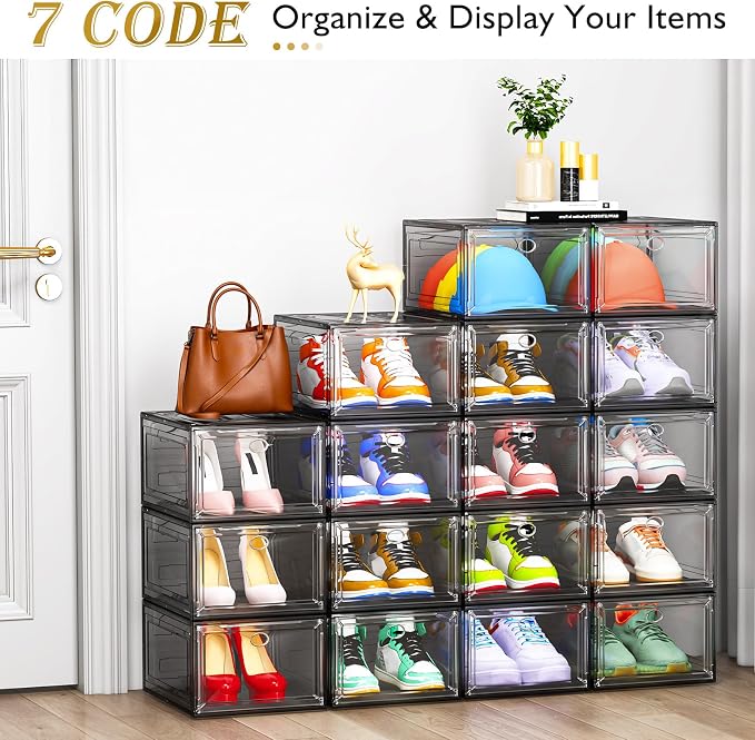Large Thick Clear Shoe Organizer, Magnetic Door Stackable Shoe Storage Box | Foldable Shoe Storage Boxes for Sneakers & Boots, Space-Saving Closet Shoe Cabinet with Clear Magnetic Door, 9 Pack Black - Image 4