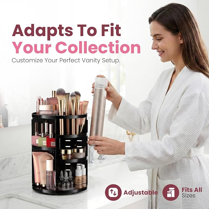 Masirs 360 Rotating Makeup Organizer Countertop, Adjustable Shelf, Black | 360-Degree Rotating Makeup Organizer, Adjustable Shelf Height, Cosmetic Perfume Skincare Storage, Vanity Countertop, Black - Image 4