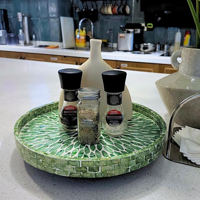12.5" Lazy Susan for Table Top – Mother of Pearl Spinning Turntable Serving Tray, Marble Lazy Susan Organizer for Dining Table Centerpiece, Kitchen Island Decor, Bathroom Counter, Outdoor Use (Green) - Image 7