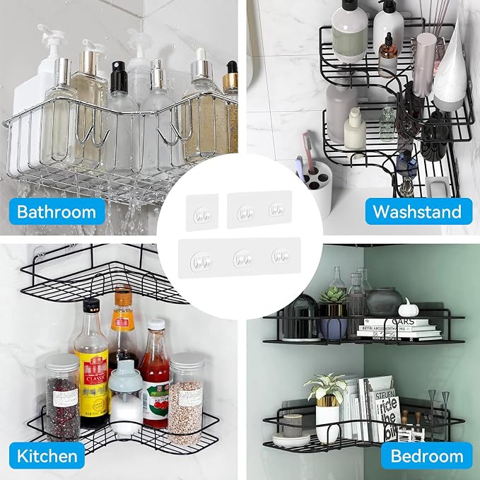 Shower Caddy Adhesive Hooks Replacement for Bathroom, No Drilling | 15 Pack, 3 Sizes, Strong Adhesive Hooks, for Bathroom Storage Shelves & Kitchen Racks Rack, Waterproof - Image 7