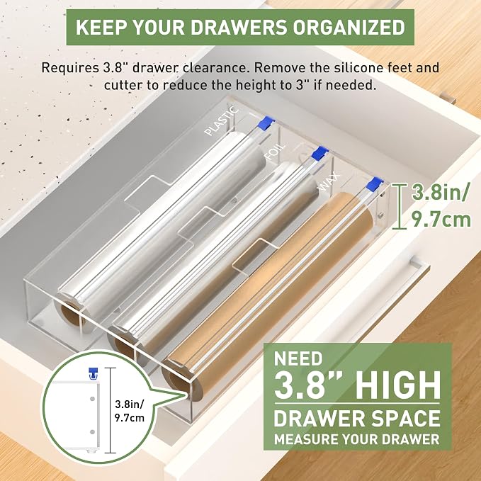 3 in 1 Clear Acrylic Foil, Plastic Wrap Organizer with Cutter | Kitchen Storage, Aluminum Foil Dispenser, Wax Paper Holder, For Drawer or Wall Mount, Fits 12 Inch Roll - Image 4