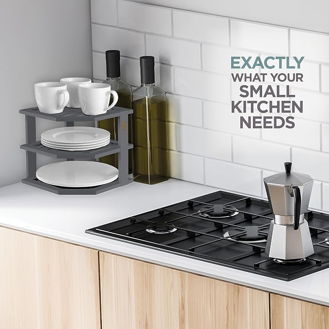 Grey Plate Organizer for Cabinet - 3 Tier Gray Bamboo Corner Cabinet Organizer Shelf for Plates Bowls Mugs Cups, Kitchen Cabinet Organizer, Cabinet Shelf Organizer, Countertop Rack, 10 x 10 x 9.5 Gray - Image 2