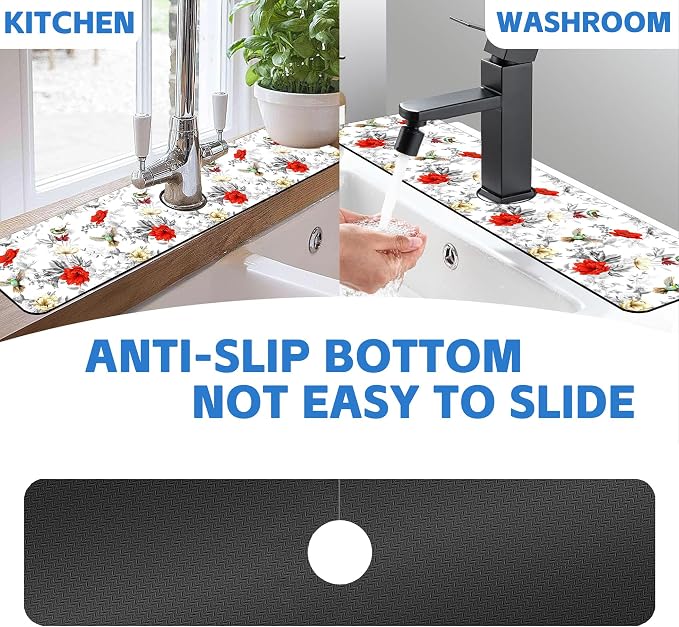 Faucet Mat for Kitchen Sink Poppy Flowers Watercolor Sink Splash Guard Behind Faucet Soft Diatom Mud Material Non-slip Easy to Clean for Bathroom & Kitchen 24"X5.5" - Image 7
