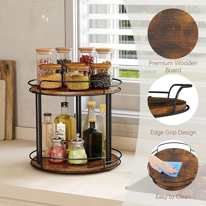 LAMU 10'' Wood Lazy Susan Turntable Organizer for Cabinet, 2 Tier Lazy Susan Spice Rack Organizer for Kitchen, Table Top, Countertop, Pantry, Medicine Organizer - Image 2