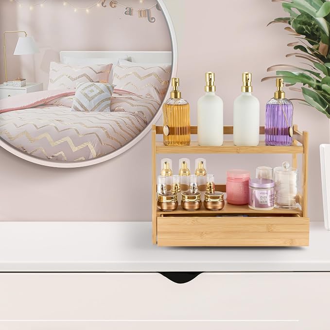 Sorbus 2-Tier Bamboo Countertop Shelf with Hidden Drawer for Vanity, Matcha Shelf, Bathroom Storage Cabinet, Under Sink Organizer, Bathroom Storage, Matcha Station Shelf (17″ L x 6.5″ W x 12.6″ H) - Image 6