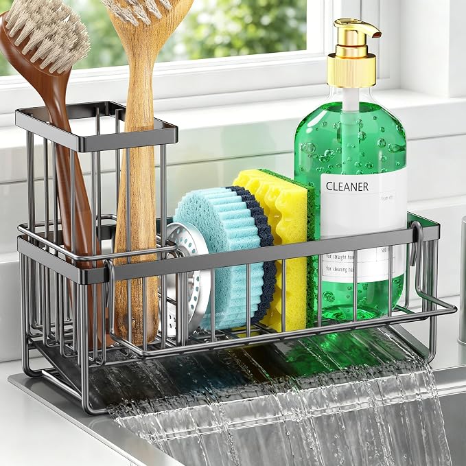 Sponge Holder for Kitchen Sink, Kitchen Sink Caddy, Kitchen Sink Sponge Holder, Dish Sponge Holder, Kitchen Sink Organizer for Sponge, Dish Brush, Scrubber(9.65" x 3.74" x 6.3", Dark gray) by OERPHO
