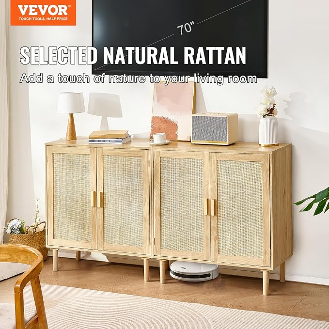 VEVOR Rattan Buffet Cabinet with Storage, 4 Magnetic Doors and Adjustable Shelves, Sideboard for Hallway, Living Room, Kitchen, Natural - Image 4