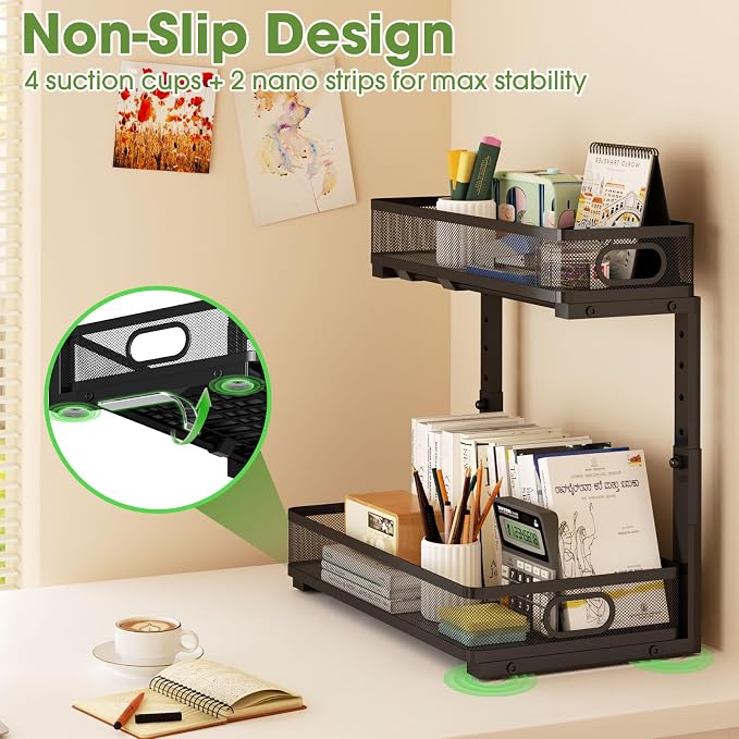 Under Sink Organizer 2-Pack, Metal 2-Tier Pull-Out Cabinet Shelf with Slide-Out Mesh Drawers, Height Adjustable, Space-Saving Under Sink Storage Racks for Kitchen, Bathroom, Laundry Room - Image 8