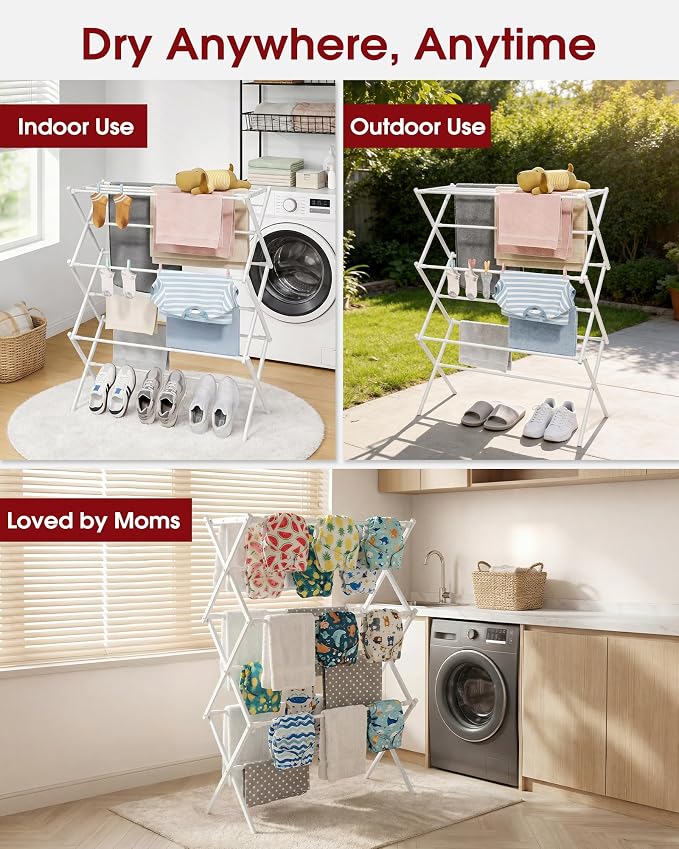 Sakugi Foldable 3-Tier Clothes Drying Rack 42.1" H with Non-Slip Feet | Indoor & Outdoor Use, Space Saving, Metal Frame, 14.6" D x 39.4" W, White - Image 5
