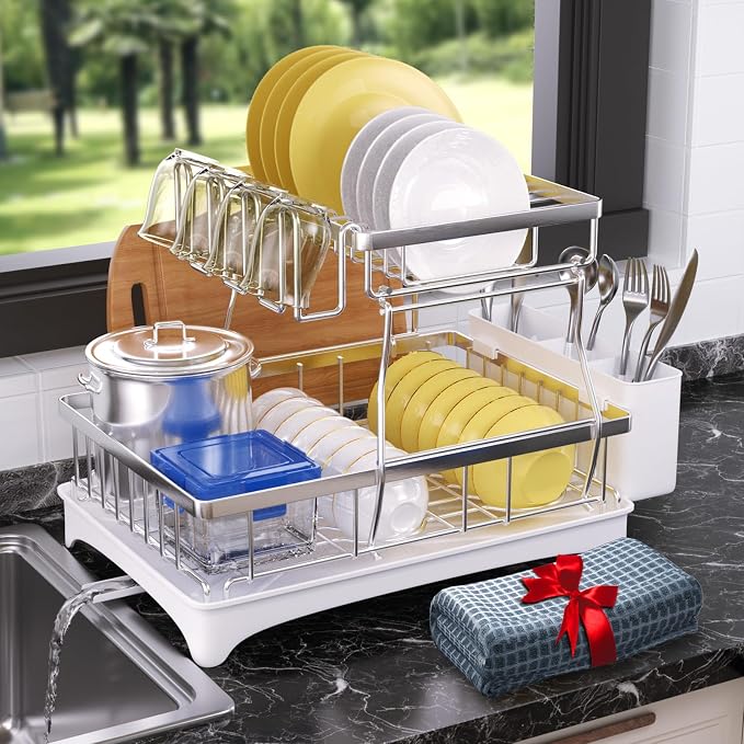 2-Tier Dish Drying Rack - 304 Stainless Steel Dish Rack Auto Drain | Dish Racks for Kitchen Counter, Dish Drainer with Knife Fork & Cup Rack, Gifts for Women, Mothers Day, Kitchen Gadget, Silver - Image 8