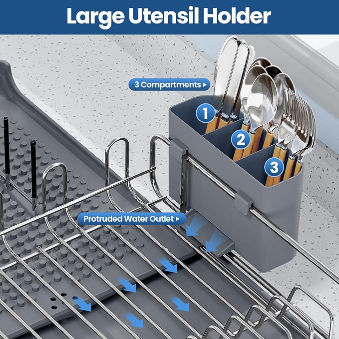 NTD Expandable Dish Drying Rack for Kitchen Counter, 16.7"-26.8", Gray | Large Multifunctional Dish Drainers, Anti-Rust, with Cutlery & Cup Holders, Self-Draining Drainboard, FIts for 4-5 People - Image 6