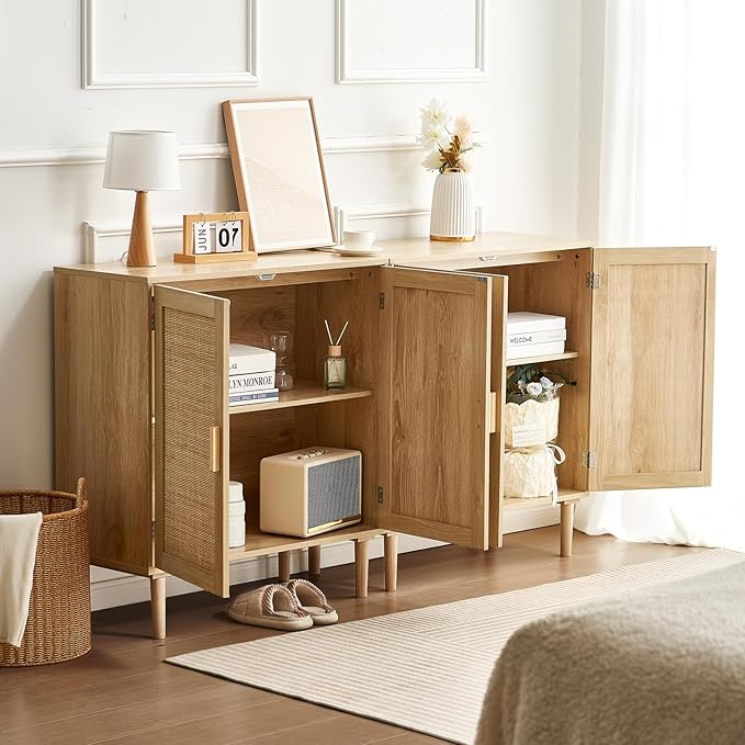 VEVOR Rattan Buffet Cabinet with Storage, 4 Magnetic Doors and Adjustable Shelves, Sideboard for Hallway, Living Room, Kitchen, Natural - Image 2