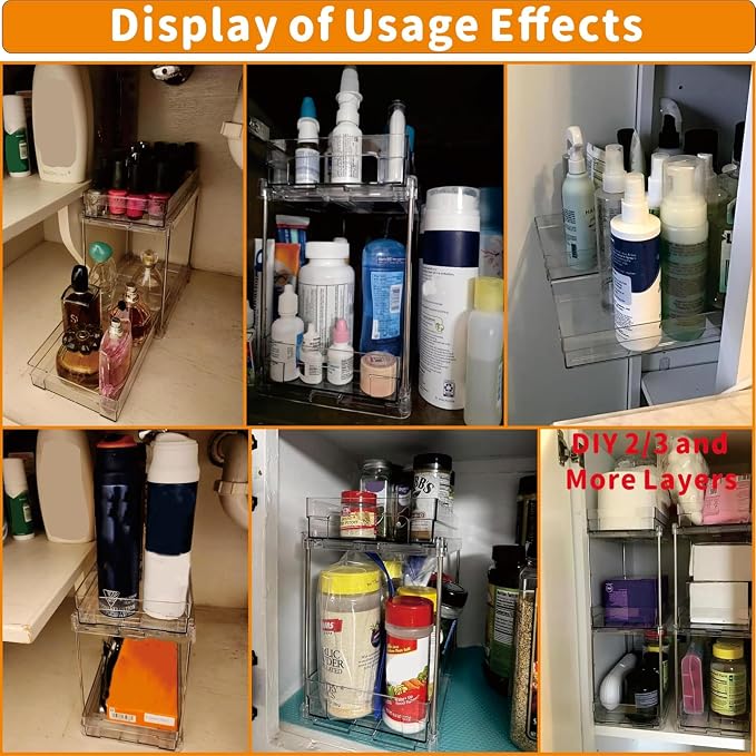4 Set Bathroom Organizers and Storage,2 Tier Clear Under Sink Organizer and Medicine Cabinet Organizer for Kitchen,Pantry Storage,Pull Out Drawers for Skincare,Pill Bottle,Spice Organization - Image 4