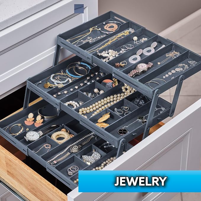 Ontel Smart Drawer Organizer - Multi-level Jewelry Holder, Cosmetics Organizer, or Office Drawer Organizer with Adjustable Dividers for Organization and Storage, Fits Drawers 9.5"W x 7.5"L x 2.75"D - Image 5