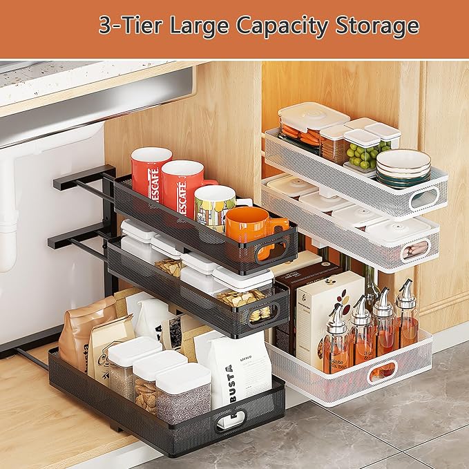Under Sink Organizer, 2-Pack 3-tier Under Sink Storage Organizer Adjustable Height Easy Assembly Pull Out Cabinet Organizers Basket for Bathroom Kitchen Pantry Home Organization - Image 9