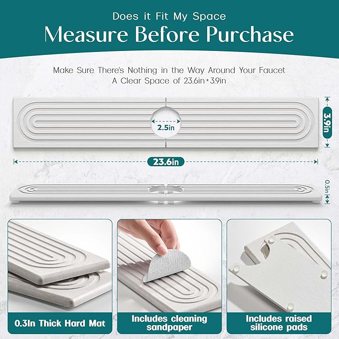 Faucet Mat for Kitchen Sink – Diatomite Stone Drying Mat & Sink Protectors, Prevent Moisture – Sink Splash Guard Water-Absorbing Stone Tray for Bathroom Counter (Light Grey, 23.6" x 3.9") - Image 4