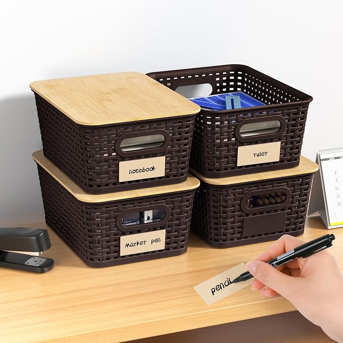 6 Pack Plastic Storage Baskets,Brown bamboo lid storage Box | Labels, Stackable, For Organizing Shelves Pantry Drawers Desktop Closets Organizing Desktop Closet Playroom Classroom - Image 8