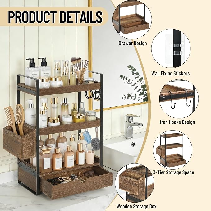 3-Tier Bathroom Counter Organizer with Drawer Basket and Hooks, Wood Bathroom Organizers and Storage for Countertop, Farmhouse Dark Brown Countertop Organizer, Counter Shelf for Vanity, Kitchen,Office - Image 7