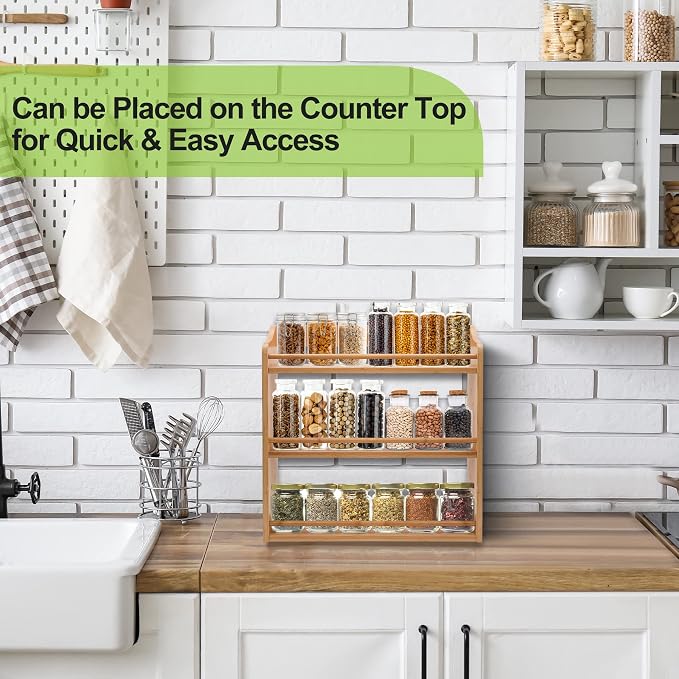 3 Tier Bamboo Spice Rack Wall Mount or Countertop,Spice Organizer | Seasoning Jars Rack Spice Shelf Organizer for Kitchen Counter or Wall Mounting - Image 3