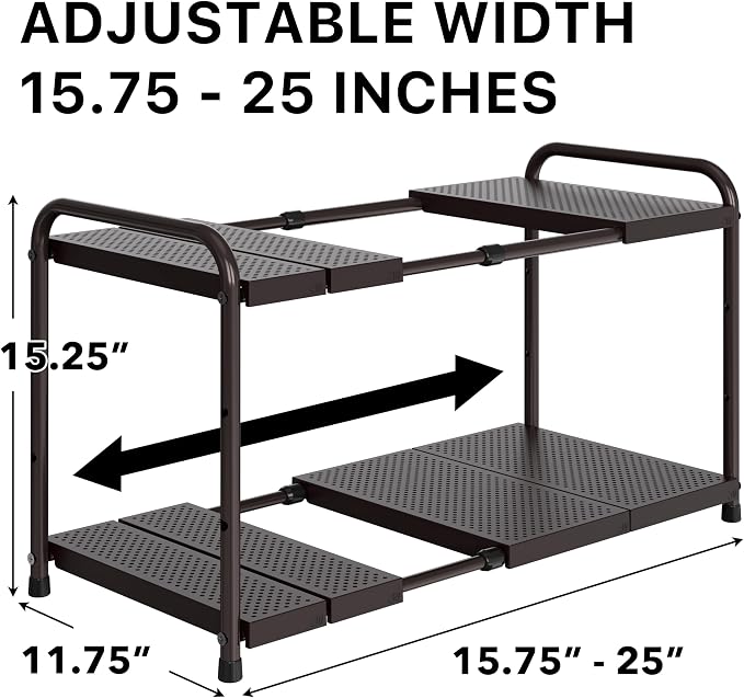 Simple Houseware Under Sink 2-Tier Heavy Duty Expandable Organizer, Bronze | Adjustable Width 15.75–25 Inches with 4 Shelf Height Levels - Image 2