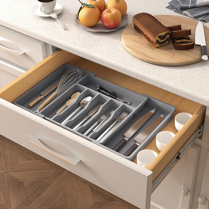 Lifewit Extra Large Silverware Drawer Organizer, Expandable Utensil Tray | BPA Free Flatware Cutlery Holder for Kitchen, Adjustable Plastic Storage for Spoons Forks Knives, 13-22 x15, Gray - Image 9