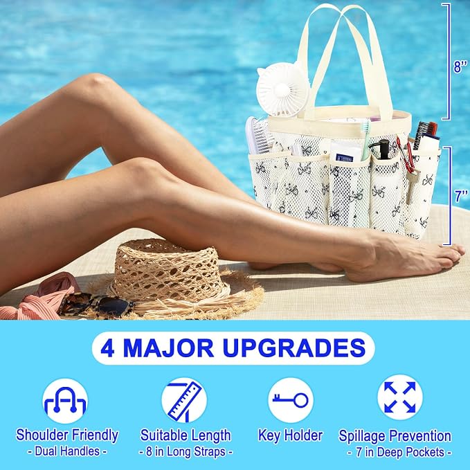 Fammart Mesh Shower Caddy Portable for College Dorm Room Essentials, Odorless Polyester Large Shower Tote Bag with Dual Handles, 8-Pocket Quick-Dry Toiletry Organizer for Travel, Beach, Camping, Gym - Image 5