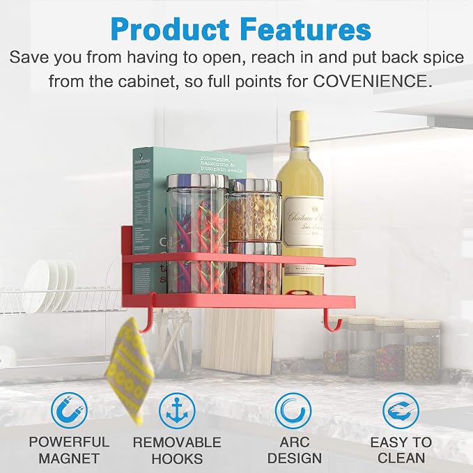 Magnetic Spice Rack, Strong Magnetic Shelf with 2 Removable Hooks, Perfect Space Saver for Small Kitchen/Apartment, Awesome Metal Cabinet for Holding Spices, Jars, Bottle, Beve(Red, 2Pack) - Image 2