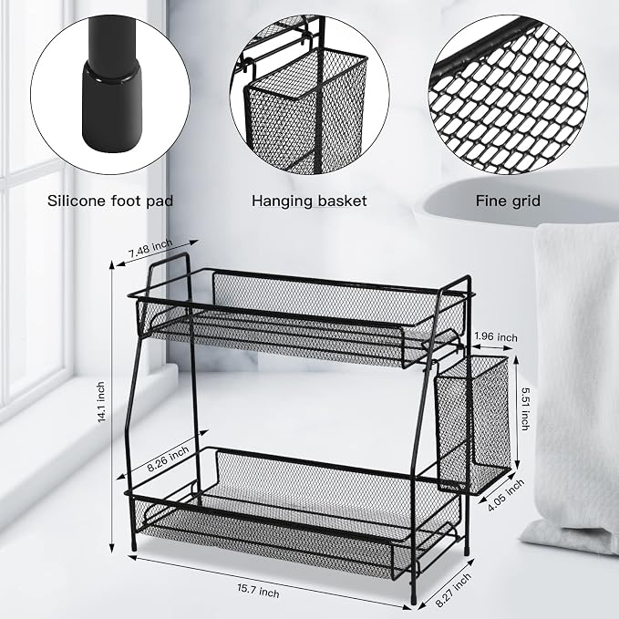 Large Countertop Organizer for Bathroom Counter, Bathroom Organizers and Storage, Under Sink Organizer Spice Rack Organizer for Kitchen with Basket(Black) - Image 8