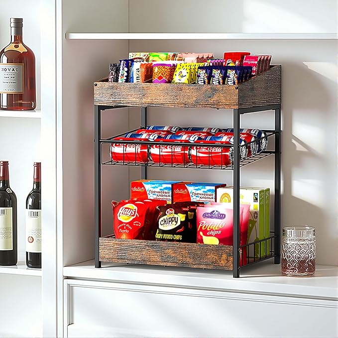 Snack Organizer for Countertop, 6 Adjustable Compartment | 3 Tier Snack Rack Display, Retail Display Shelf for Kitchen, Pantry, Counter, Office, Easy to Install, Brown - Image 6
