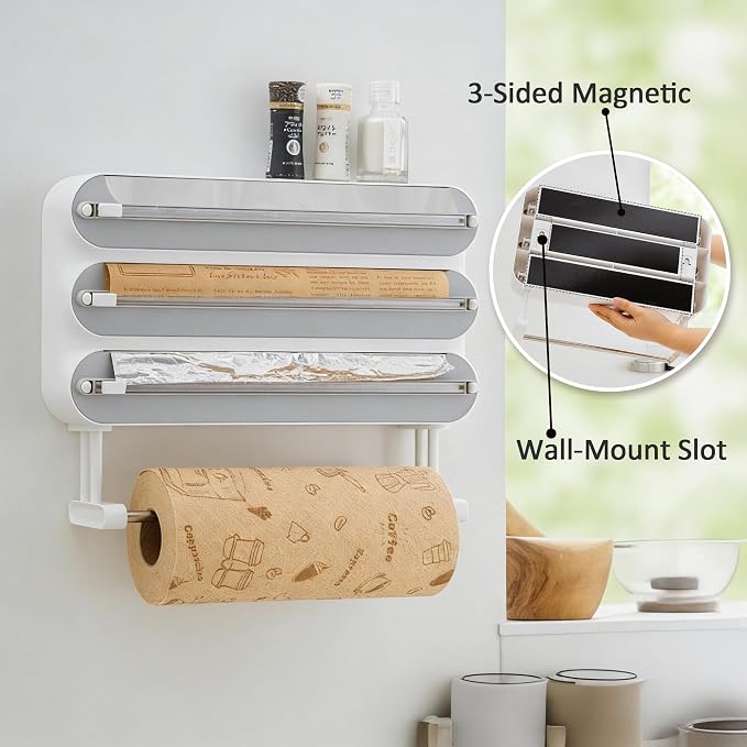 Kitchen Wrap Organizer Wall Mount — Plastic Wrap, Aluminum Foil, Parchment Paper & Paper Towel Holder, 4-in-1 Magnetic Cabinet Organizer, Space Saving ABS Kitchen Storage - Image 3