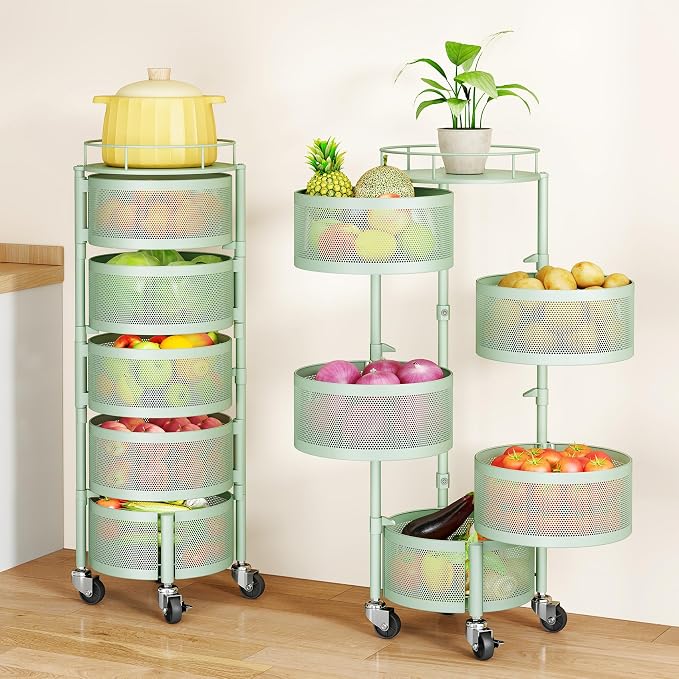 SAYZH 5 Tier Fruit Vegetable Basket Stand for Kitchen, Rotating, Green | Rolling Storage Cart with top lid, Large Metal Wire Rack for Potato and Onion Storage by SAYZH