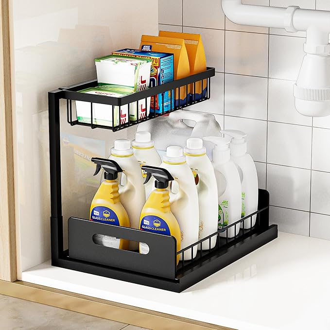 Under Kitchen Sink Organizer 2 Tier, Pull Out Bathroom Sink Organizers and Storage, Cabinet Kitchen Bathroom Storage Organization Shelf, 1 Pack Black by VUSIGN