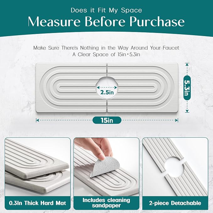 Faucet Mat for Kitchen Sink - Wider Diatomite Fast Drying Stone Sink Tray, Super Absorbent, Prevents Moisture Buildup - Faucet Splash Guard for Bathroom Counter (Light Grey, 15x5.3inch) - Image 4
